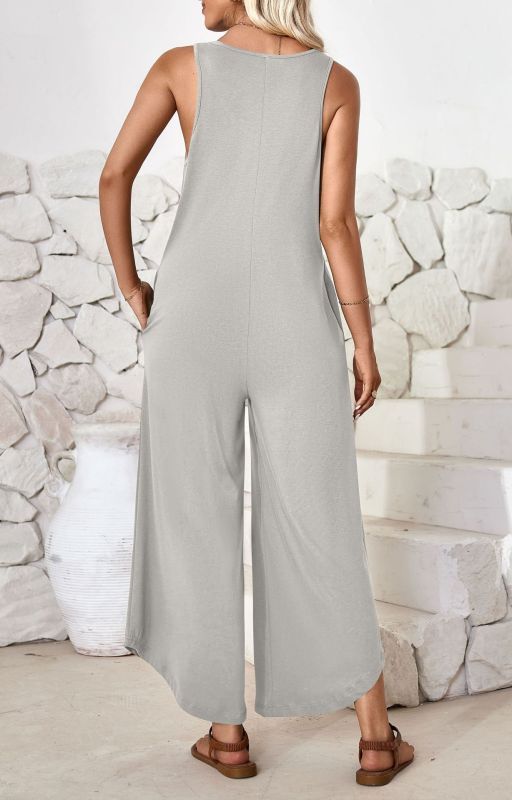 Casual sleeveless V-neck wide-leg jumpsuit with pockets-chiquechics