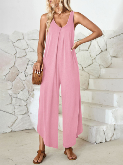 Casual sleeveless V-neck wide-leg jumpsuit with pockets-chiquechics