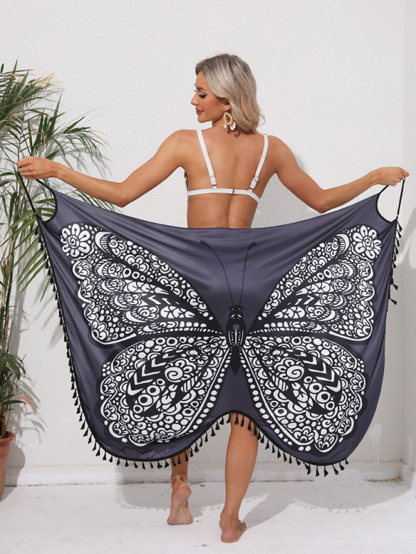 New holiday style butterfly print suspender dress strappy backless beach skirt-chiquechics