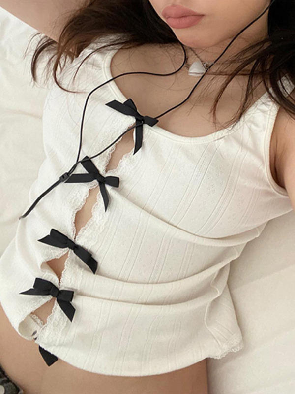 Contrast color bow patchwork round neck vest lace hollow out slim fit sleeveless top-chiquechics