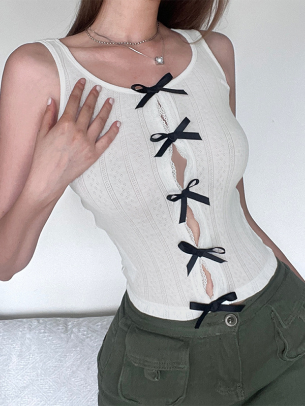 Contrast color bow patchwork round neck vest lace hollow out slim fit sleeveless top-chiquechics