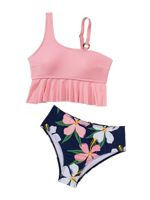 New split swimsuit high waist bikini ruffle leaf print multicolor swimsuit-chiquechics