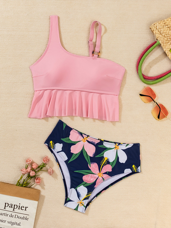 New split swimsuit high waist bikini ruffle leaf print multicolor swimsuit-chiquechics