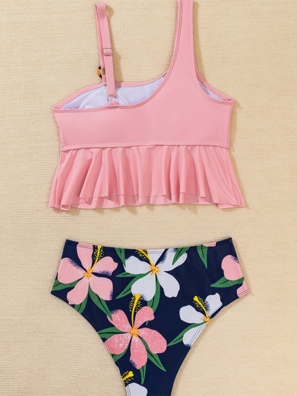 New split swimsuit high waist bikini ruffle leaf print multicolor swimsuit-chiquechics