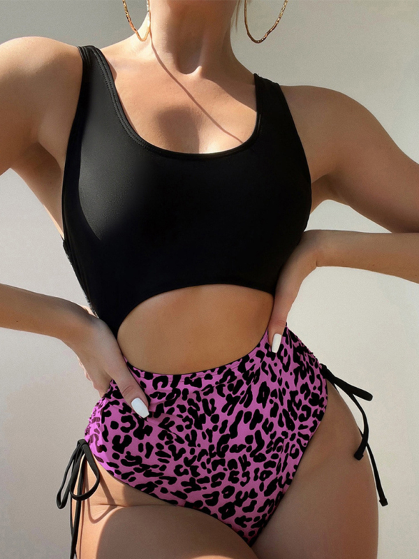 New leopard print U-shaped bikini spa swimsuit sexy strappy one-piece swimsuit-chiquechics