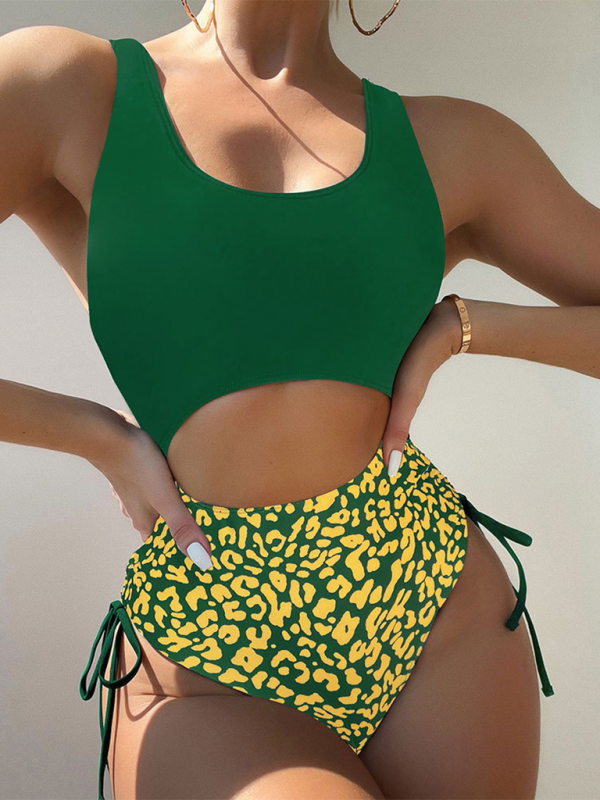 New leopard print U-shaped bikini spa swimsuit sexy strappy one-piece swimsuit-chiquechics