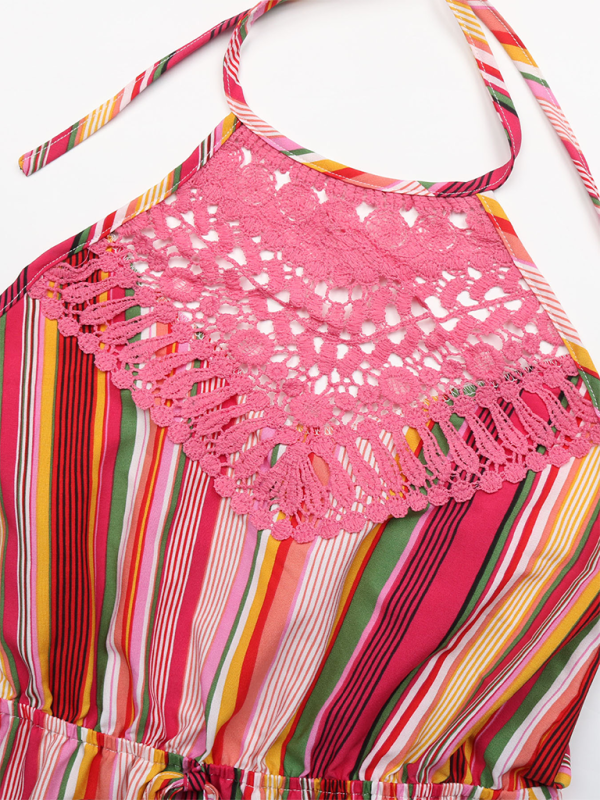 New sleeveless lace splicing skirt foreign trade halterneck striped print dress-chiquechics