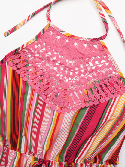 New sleeveless lace splicing skirt foreign trade halterneck striped print dress-chiquechics
