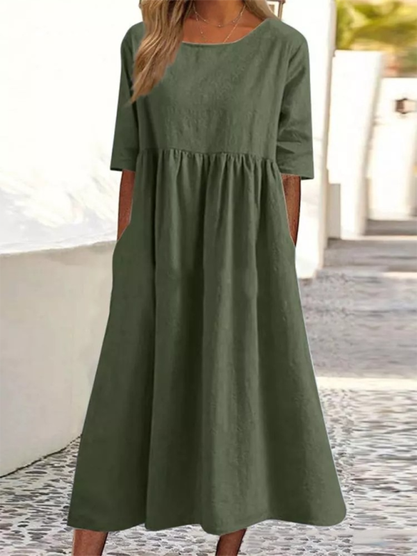 New round neck 5-quarter sleeves large size casual loose long solid color dress-chiquechics