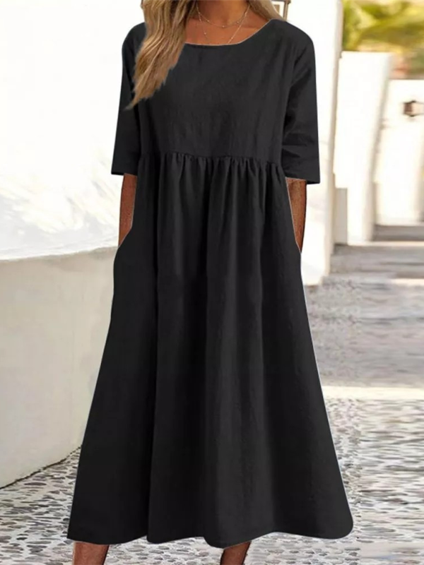New round neck 5-quarter sleeves large size casual loose long solid color dress-chiquechics