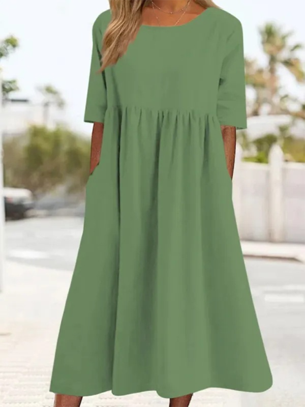 New round neck 5-quarter sleeves large size casual loose long solid color dress-chiquechics