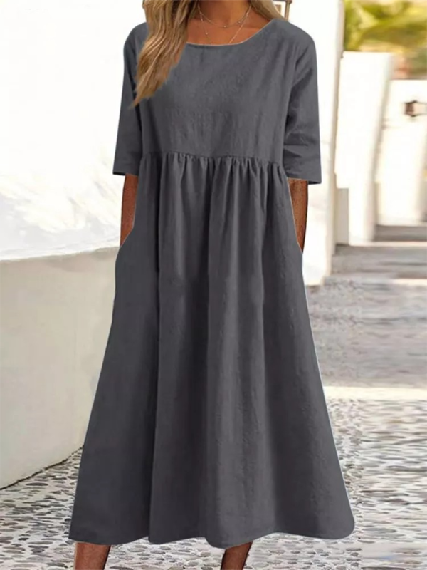 New round neck 5-quarter sleeves large size casual loose long solid color dress-chiquechics