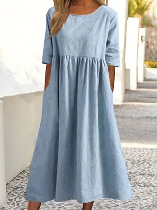 New round neck 5-quarter sleeves large size casual loose long solid color dress-chiquechics