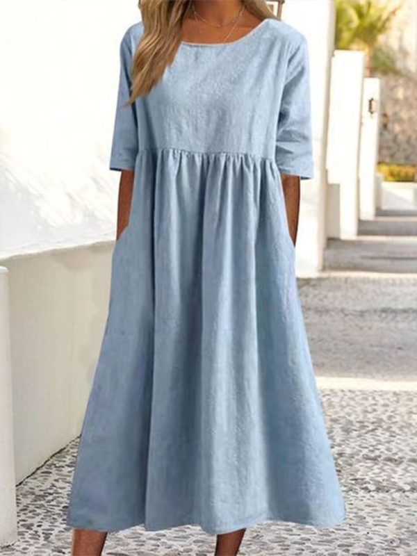 New round neck 5-quarter sleeves large size casual loose long solid color dress-chiquechics