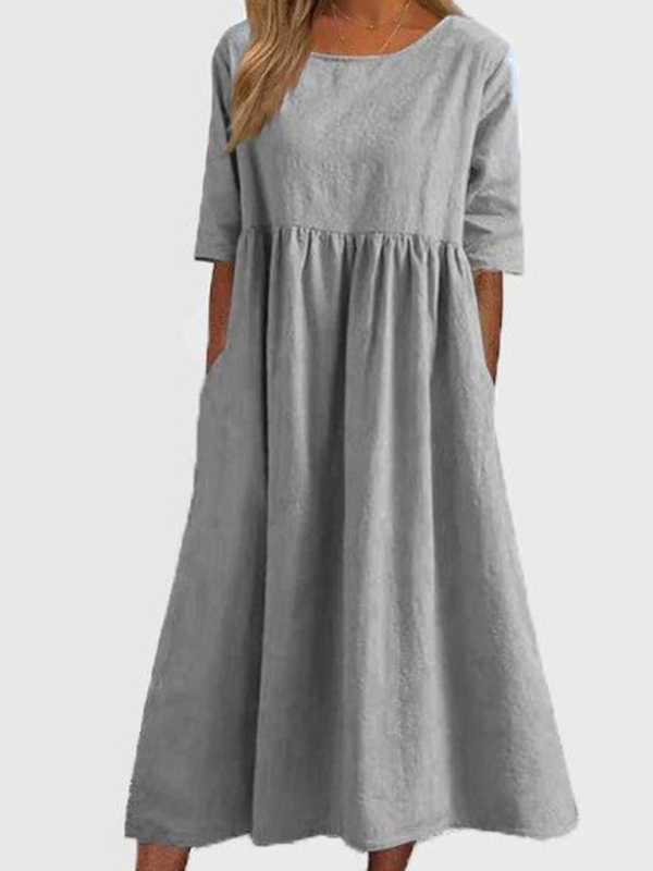 New round neck 5-quarter sleeves large size casual loose long solid color dress-chiquechics