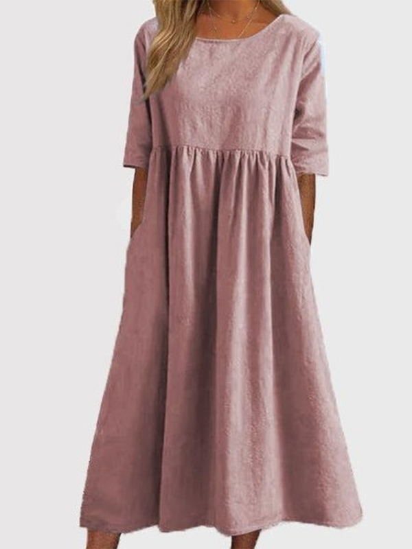 New round neck 5-quarter sleeves large size casual loose long solid color dress-chiquechics