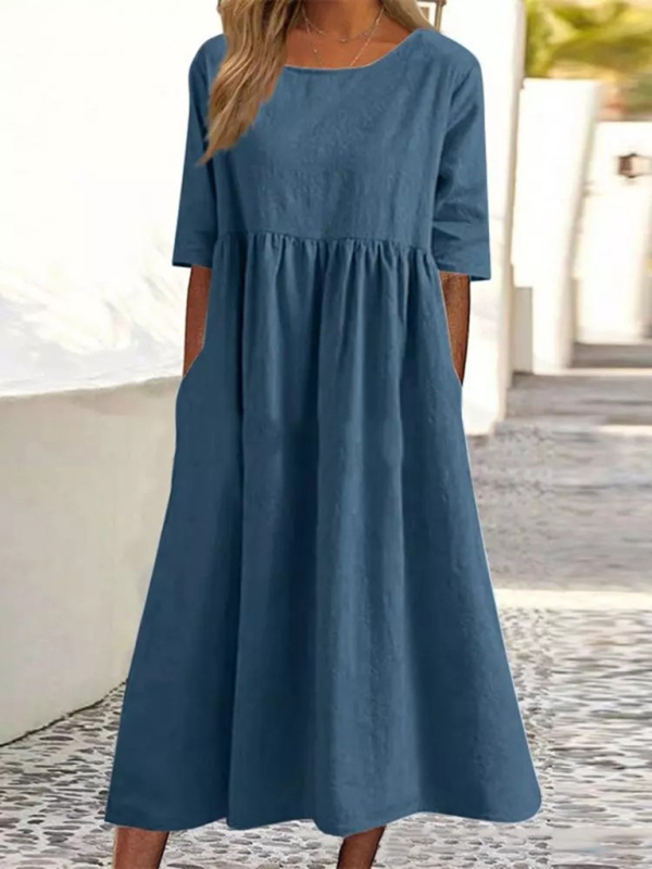 New round neck 5-quarter sleeves large size casual loose long solid color dress-chiquechics