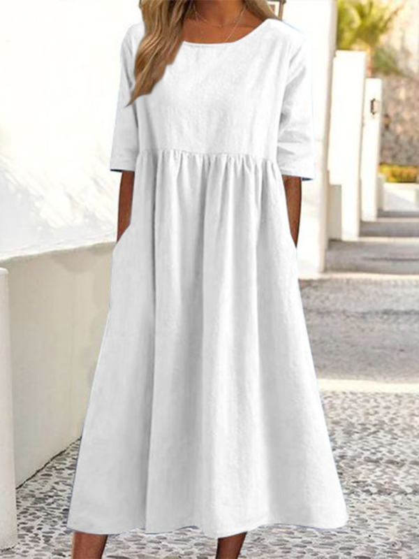 New round neck 5-quarter sleeves large size casual loose long solid color dress-chiquechics