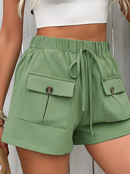 New double pocket casual elastic waist tie shorts-chiquechics