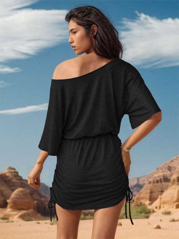 New casual slanted shoulder collar slim drawstring hip-covering dress and skirt-chiquechics