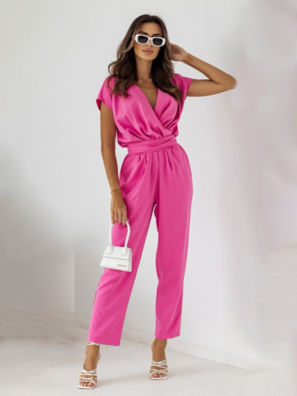 New fashionable solid color slimming short-sleeved jumpsuit-chiquechics