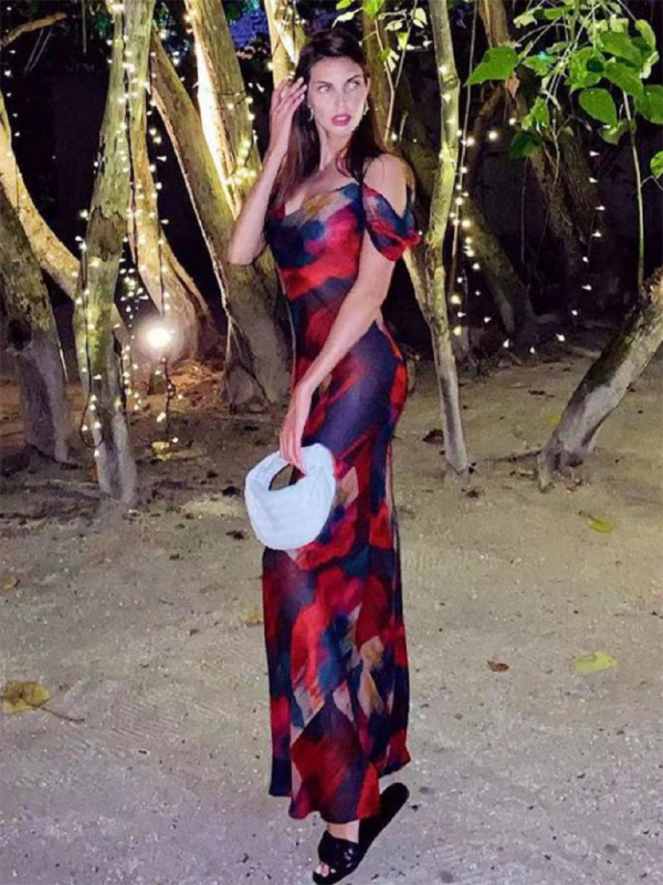 New Fashion Printed Suspender Sleeveless High Waisted One Shoulder Elegant Dress Long Skirt-chiquechics