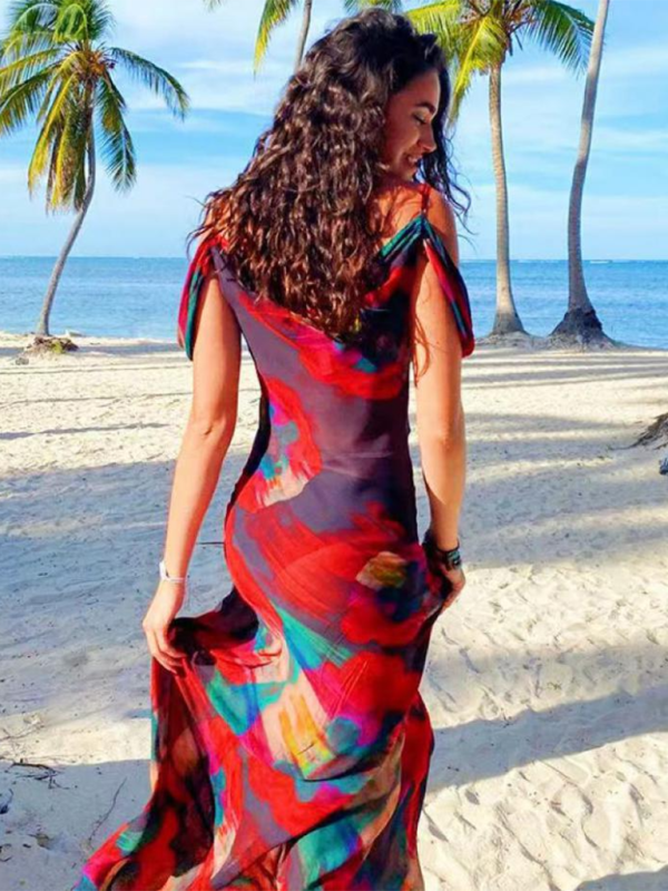 New Fashion Printed Suspender Sleeveless High Waisted One Shoulder Elegant Dress Long Skirt-chiquechics