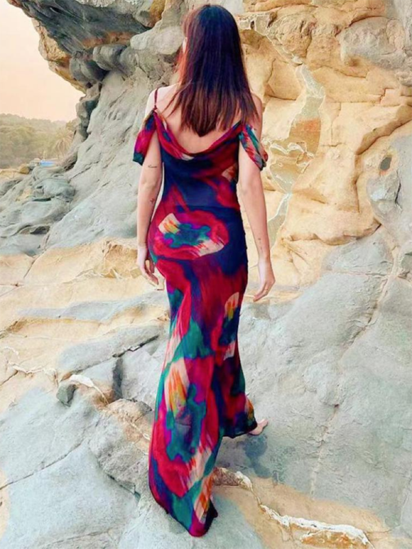New Fashion Printed Suspender Sleeveless High Waisted One Shoulder Elegant Dress Long Skirt-chiquechics