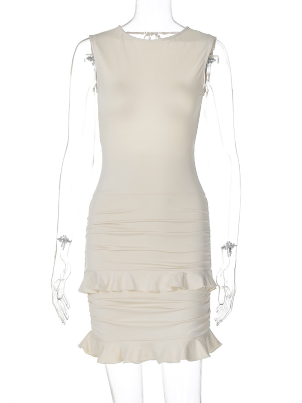 New fashionable and sexy solid color round neck sleeveless backless lace dress-chiquechics