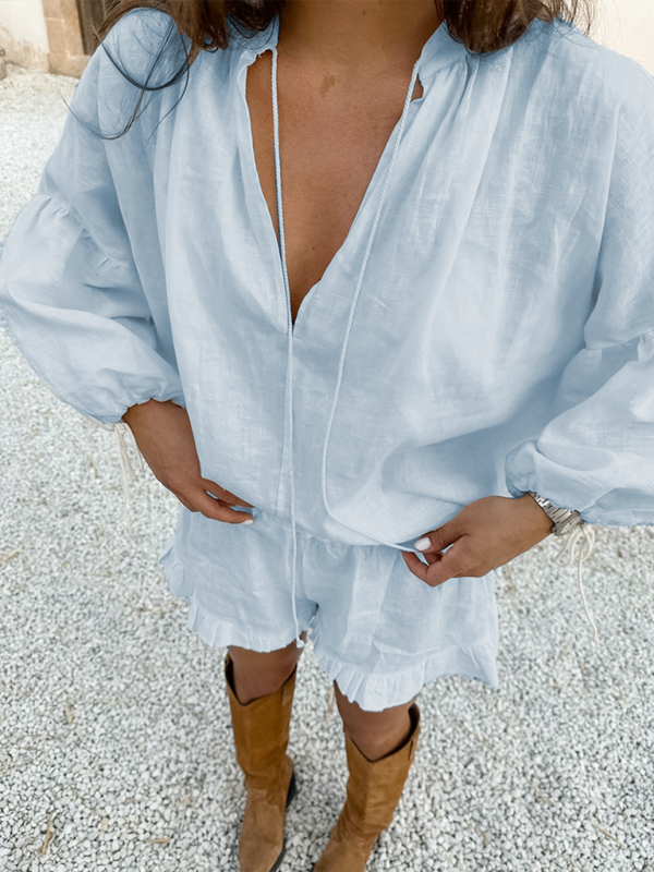 Fashion solid color loose V-neck lantern sleeve lace-up high-waisted shorts two-piece set-chiquechics