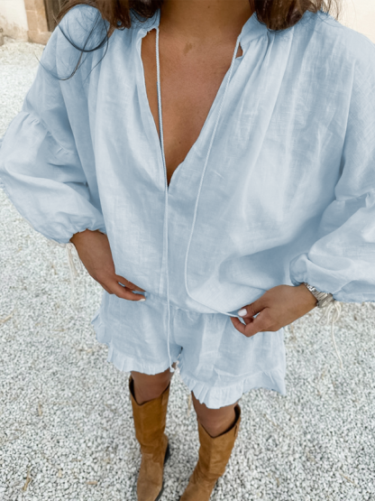 Fashion solid color loose V-neck lantern sleeve lace-up high-waisted shorts two-piece set-chiquechics