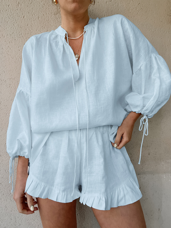 Fashion solid color loose V-neck lantern sleeve lace-up high-waisted shorts two-piece set-chiquechics