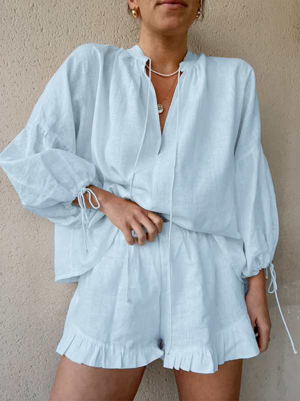 Fashion solid color loose V-neck lantern sleeve lace-up high-waisted shorts two-piece set-chiquechics