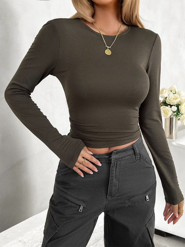 New round neck solid color slim long sleeve top-chiquechics