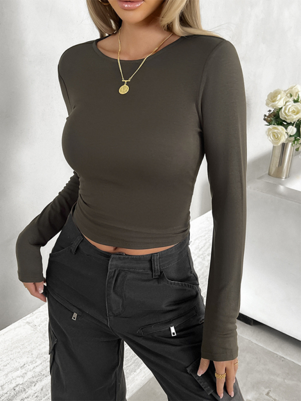New round neck solid color slim long sleeve top-chiquechics