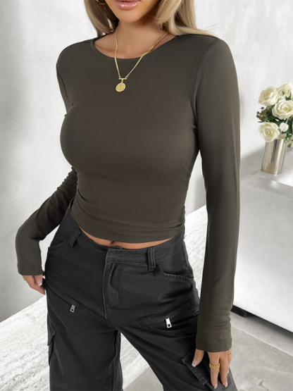 New round neck solid color slim long sleeve top-chiquechics