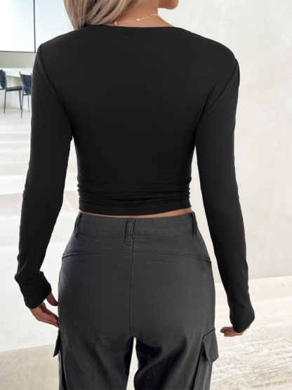 New round neck solid color slim long sleeve top-chiquechics