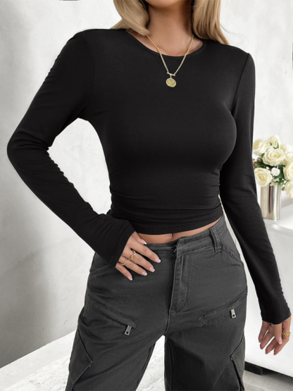 New round neck solid color slim long sleeve top-chiquechics