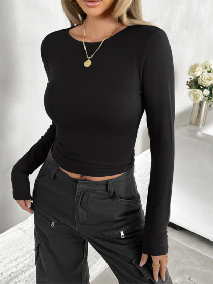 New round neck solid color slim long sleeve top-chiquechics