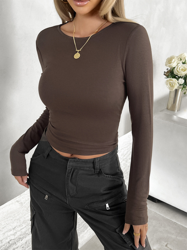 New round neck solid color slim long sleeve top-chiquechics