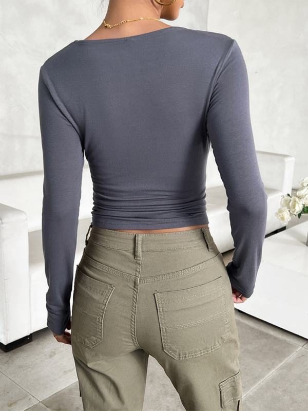 New round neck solid color slim long sleeve top-chiquechics
