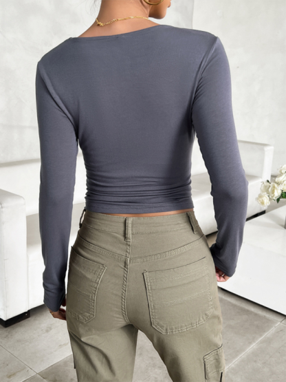 New round neck solid color slim long sleeve top-chiquechics