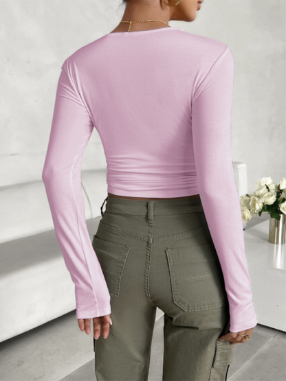 New round neck solid color slim long sleeve top-chiquechics