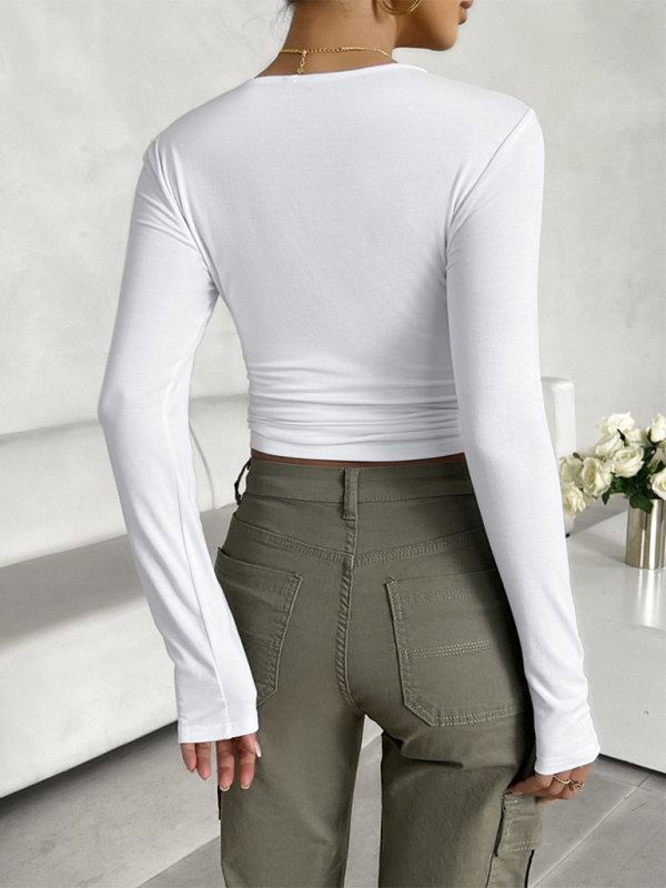 New round neck solid color slim long sleeve top-chiquechics