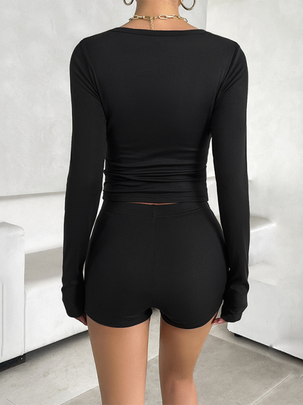 New spring and summer solid color slim long-sleeved tops and trousers two-piece set-chiquechics