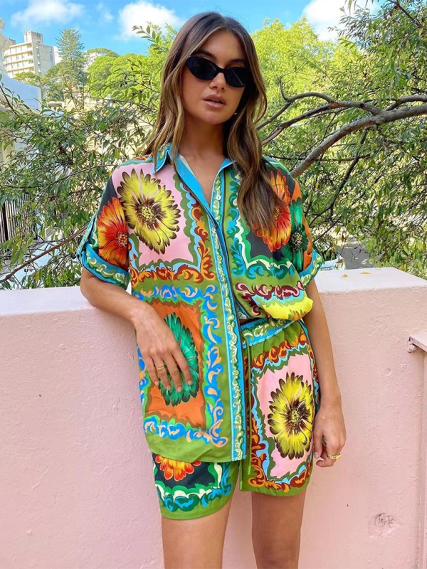 Loose, casual, fashionable and versatile printed daisy flower shorts and shirt two sets-chiquechics