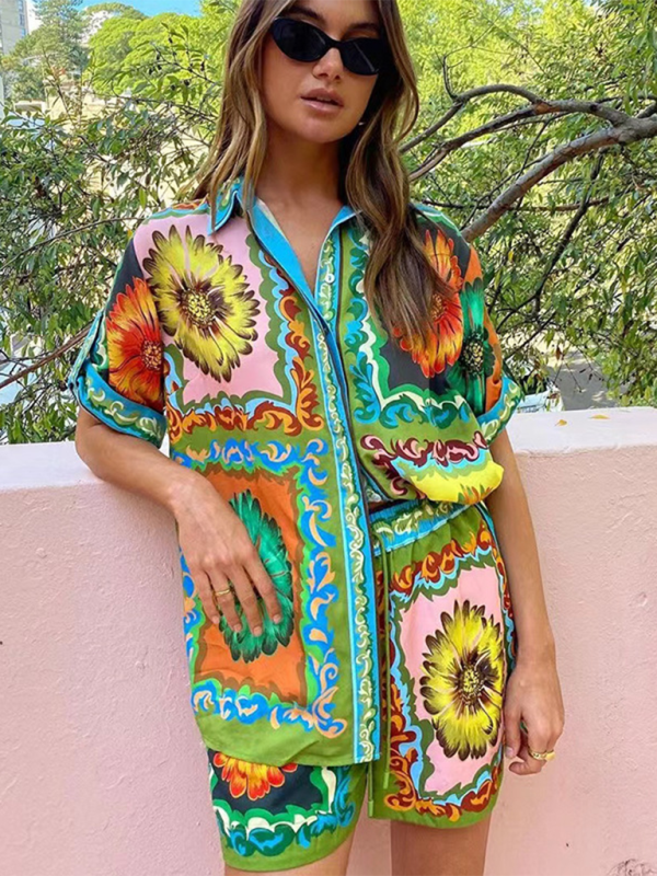 Loose, casual, fashionable and versatile printed daisy flower shorts and shirt two sets-chiquechics