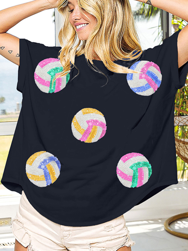 New color ball sequin embroidery pullover round neck short-sleeved T-shirt top-chiquechics