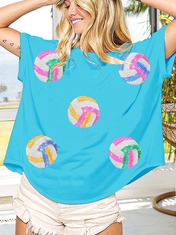 New color ball sequin embroidery pullover round neck short-sleeved T-shirt top-chiquechics