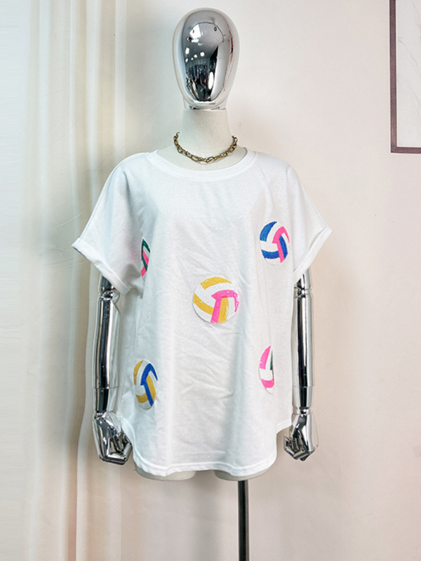 New color ball sequin embroidery pullover round neck short-sleeved T-shirt top-chiquechics